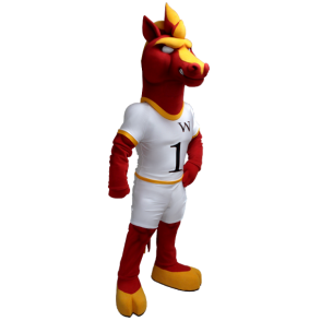 Maskot červená a žlutá kůň v bílých šatech - MASFR20422 - kůň maskoti