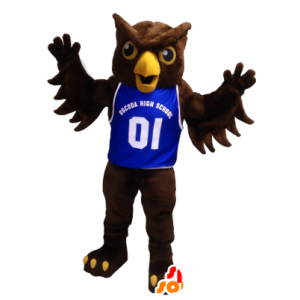 Brown Owl Mascot with a blue jersey - MASFR20424 - Mascot of birds