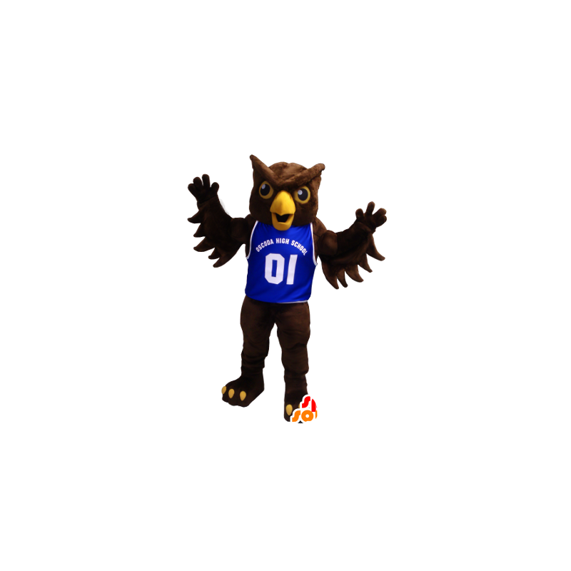 Brown Owl Mascot con una maglia blu - MASFR20424 - Mascotte degli uccelli
