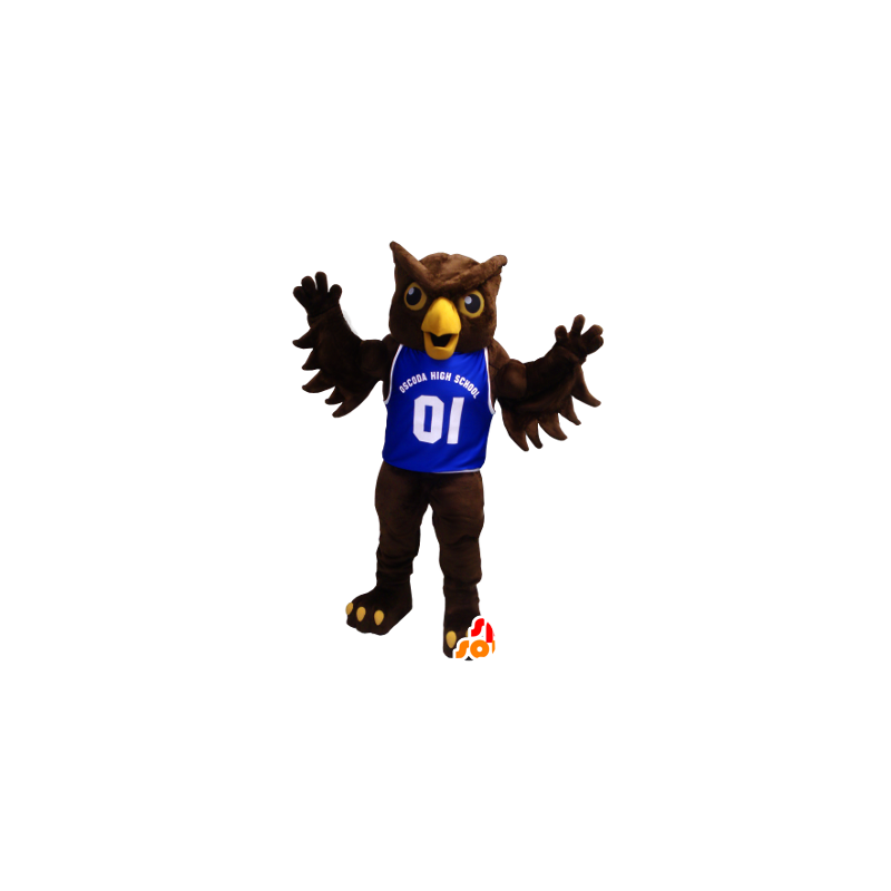 Brown Owl Mascot with a blue jersey - MASFR20424 - Mascot of birds