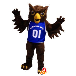 Brown Owl Mascot con una maglia blu - MASFR20424 - Mascotte degli uccelli