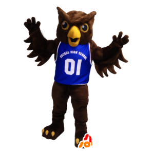 Brown Owl Mascot with a blue jersey - MASFR20424 - Mascot of birds