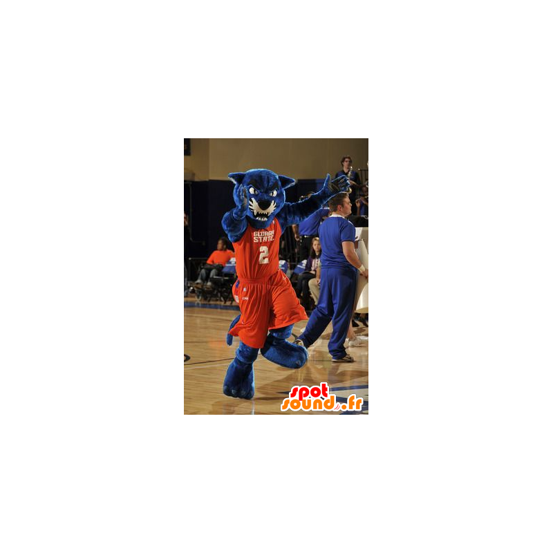 Blue panter mascotte oranje sportkleding - MASFR20428 - sporten mascotte Blue panter mascotte oranje sportkleding - MASFR20428 - sporten mascotte