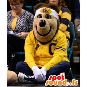 Mascotte d'ours brun, en tenue de sport jaune et bleue - MASFR20443 - Mascotte d'ours