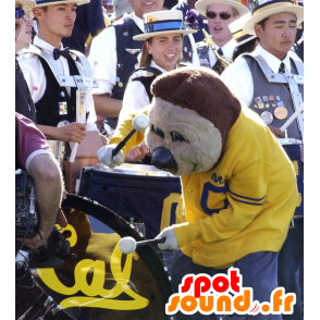 Mascotte d'ours brun, en tenue de sport jaune et bleue - MASFR20443 - Mascotte d'ours