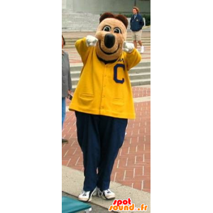 Brun bjørnemaskot, i gul og blå sportstøj - Spotsound maskot