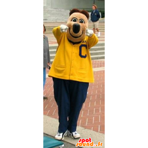 Mascot brown bear, dressed in yellow and blue sports - MASFR20443 - Bear mascot