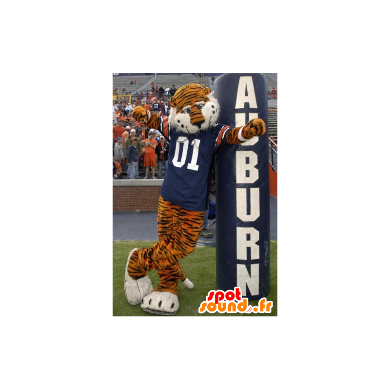 Mascot orange and black tiger with blue jersey - MASFR20446 - Tiger mascots