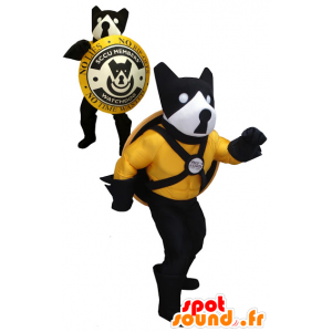 Mascotte Cane nero, giallo e bianco con uno scudo - MASFR20454 - Mascotte cane