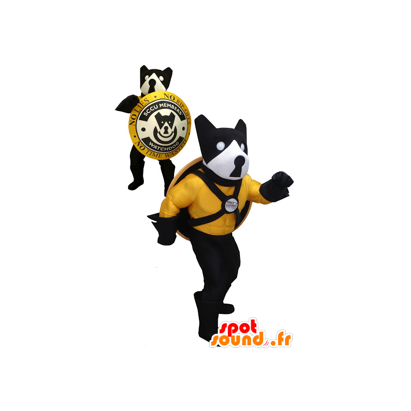 Black dog mascot, yellow and white with a shield - MASFR20454 - Dog mascots
