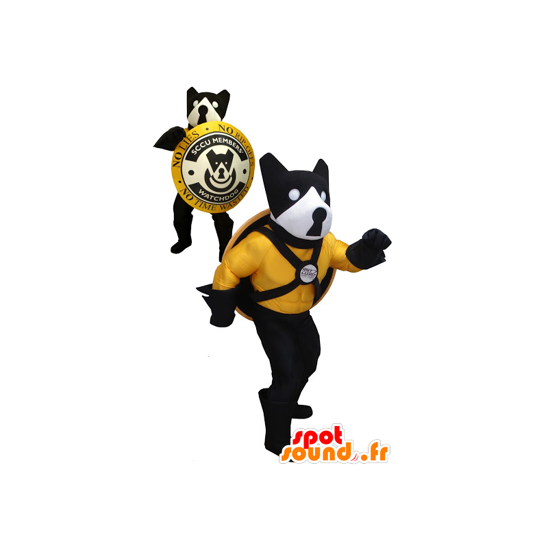 Mascotte de chien noir, jaune et blanc avec un bouclier - MASFR20454 - Mascottes de chien