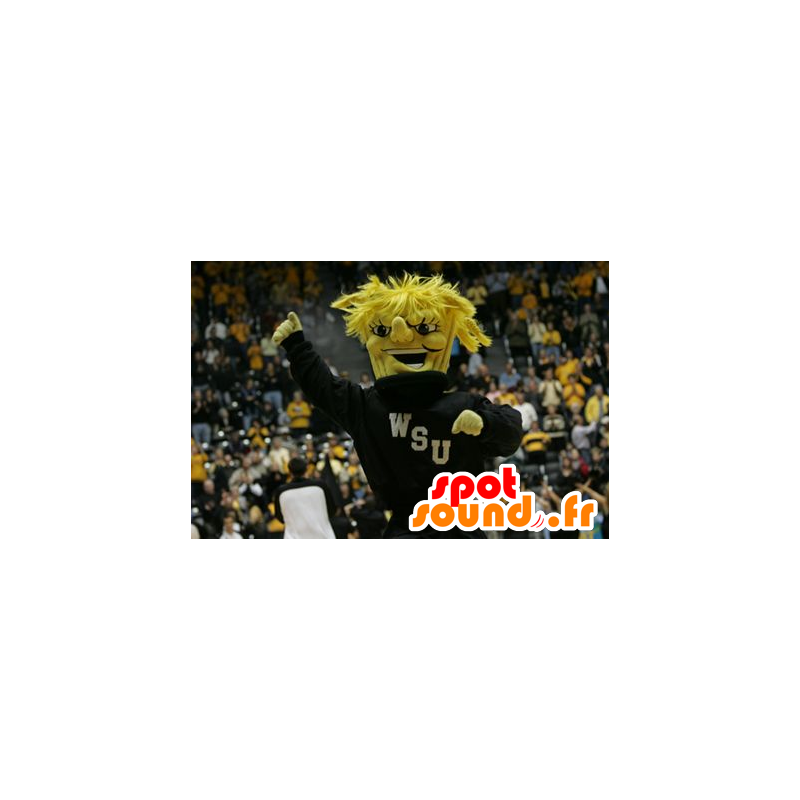 Mascotte de bonhomme jaune avec une tenue de sport noire - MASFR20457 - Mascottes non-classées