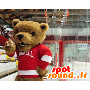 Brun bjørnemaskot med en rød og hvid sweater - Spotsound maskot