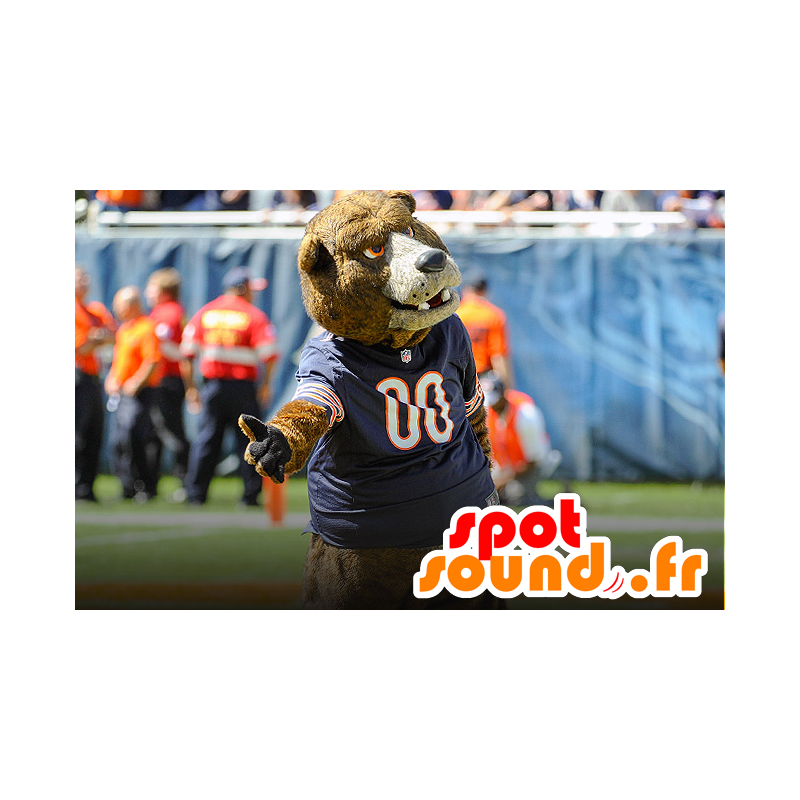 A brown bear mascot with a blue jersey - MASFR20485 - Bear mascot