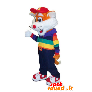 Maskot liten orange och vit räv i färgglad outfit - Spotsound