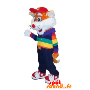Μασκότ της λίγο πορτοκαλί και λευκό αλεπού στην πολύχρωμη στολή - MASFR20494 - Fox Μασκότ