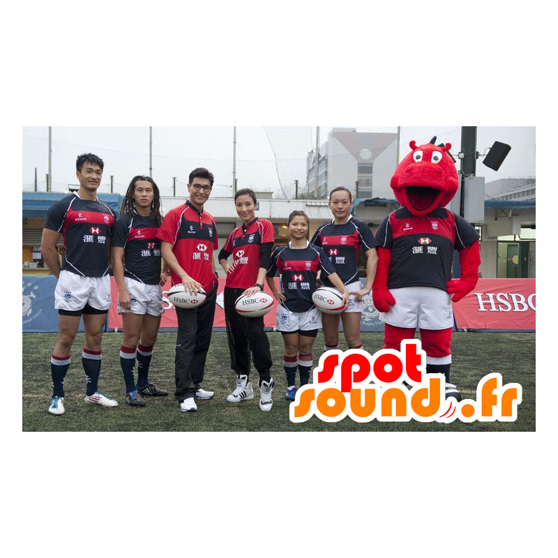 Rød flodhestmaskot i sportstøj - Spotsound maskot kostume Rød flodhestmaskot i sportstøj - Spotsound maskot kostume