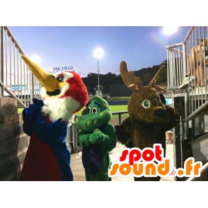 3 mascots, bird, brown reindeer, and a green dragon - MASFR20523 - Mascot of birds