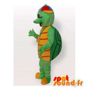 Zelené a žluté želva maskot s barevným kloboukem - MASFR006416 - želva Maskoti