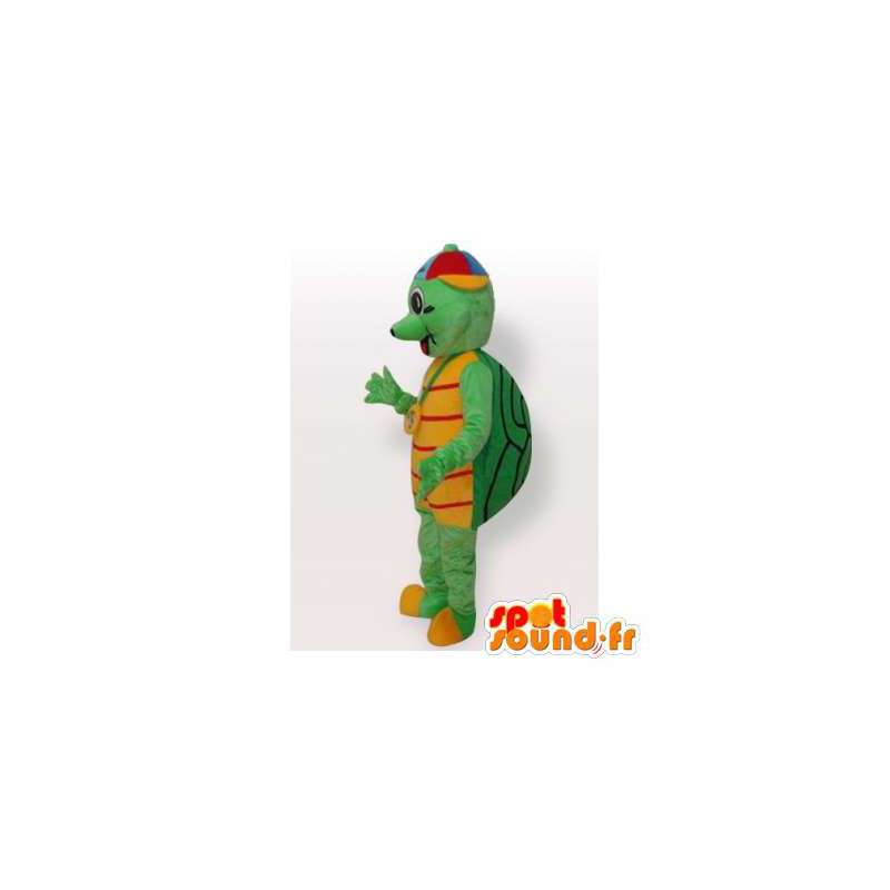 Mascote tartaruga verde e amarelo com um chapéu colorido - MASFR006416 - Mascotes tartaruga