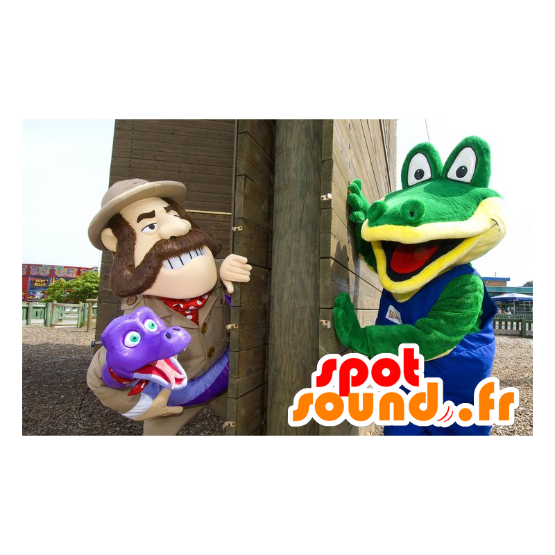 2 huisdieren, een groene krokodil en een onderzoeker die een slang - MASFR20556 - Mascot krokodillen 2 huisdieren, een groene krokodil en een onderzoeker die een slang - MASFR20556 - Mascot krokodillen