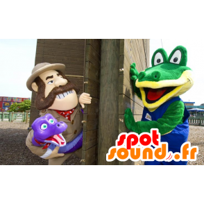 2 huisdieren, een groene krokodil en een onderzoeker die een slang - MASFR20556 - Mascot krokodillen