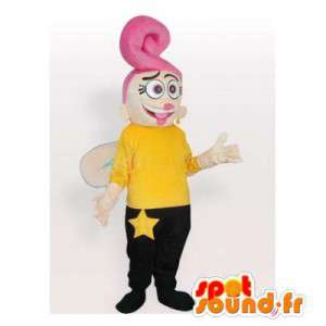Gul och svart fe maskot med rosa hår - Spotsound maskot