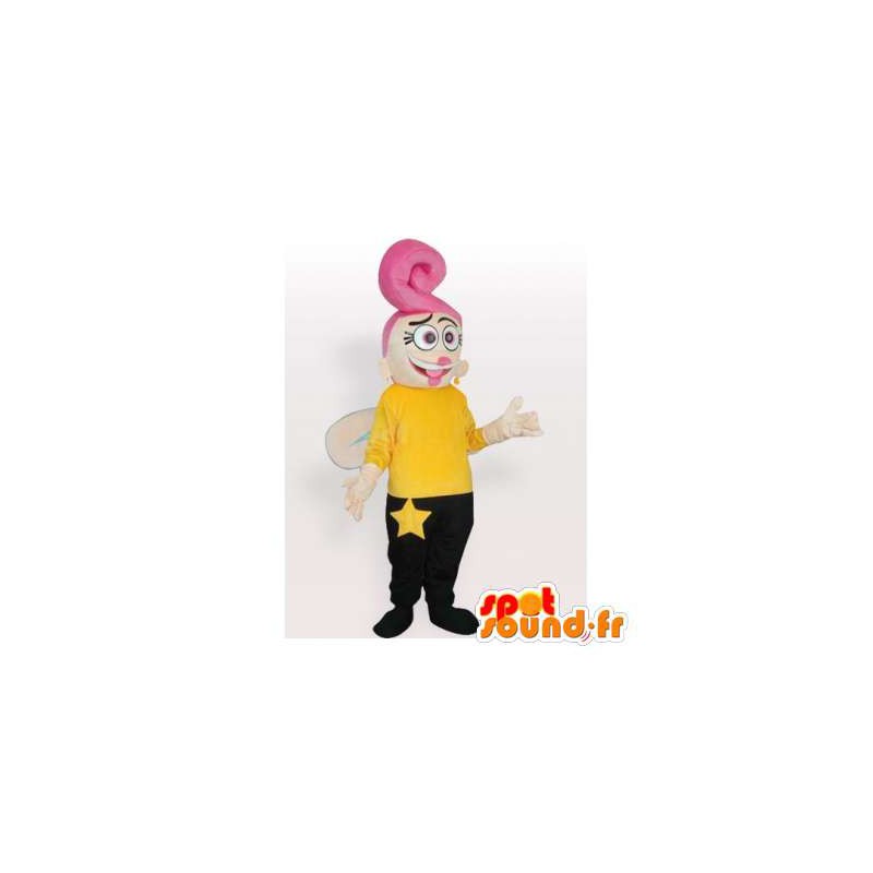 Mascotte geel en zwart fee met roze haar - MASFR006418 - Fairy Mascottes