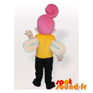 Gul og sort fe-maskot med lyserødt hår - Spotsound maskot