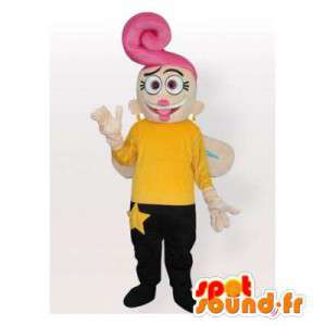 Mascotte geel en zwart fee met roze haar - MASFR006418 - Fairy Mascottes