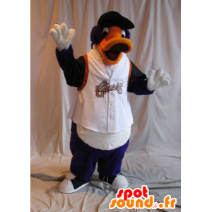 Mascotte de canard orange, violet et noir en tenue de sport - MASFR20596 - Mascotte de canards