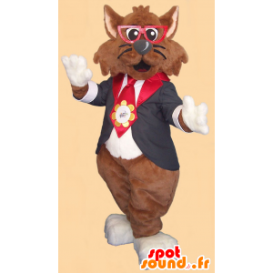Brun katt maskot med briller og en dress og slips - MASFR20597 - Cat Maskoter