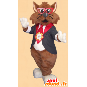 Brown-Katze-Maskottchen mit Brille und einen Anzug und Krawatte - MASFR20597 - Katze-Maskottchen