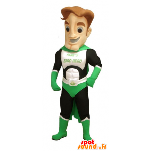 Grøn, hvid og sort superheltmaskot - Spotsound maskot kostume