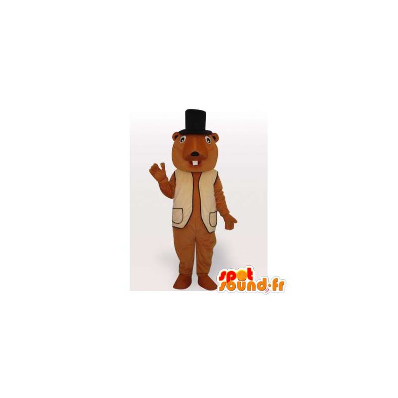 Mascotte de marmotte marron avec un chapeau haut de forme - MASFR006420 - Animaux de la forêt