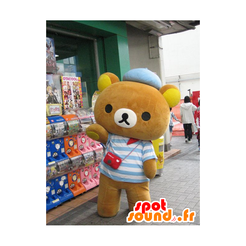 Mascot lille brun bjørn klædt i en stribet sweater - Spotsound