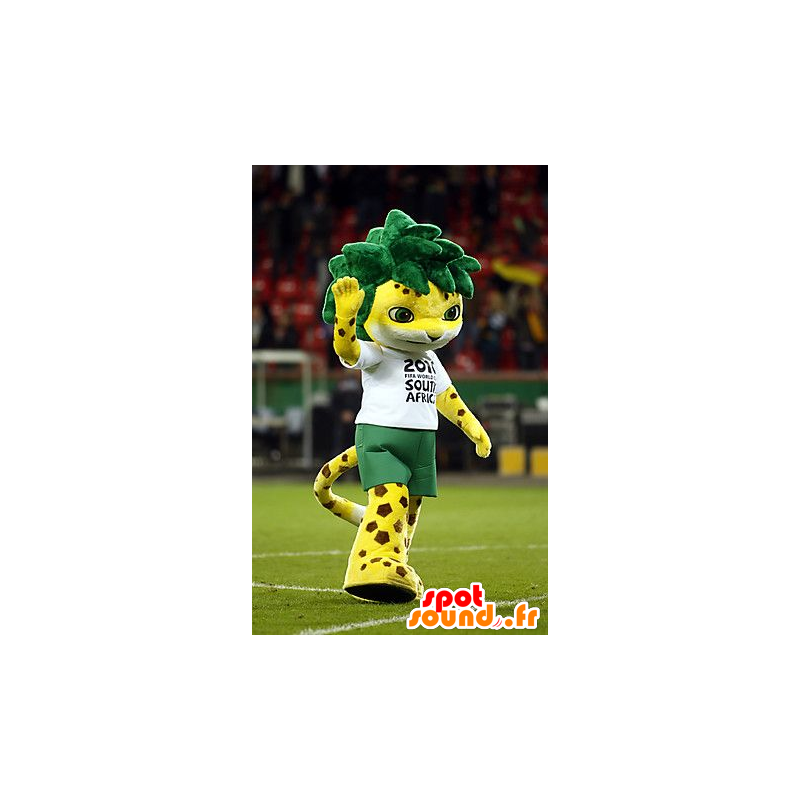 Yellow tiger mascot, spotted with green hair - MASFR20627 - Tiger mascots