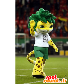 Gele tijger mascotte, gespot met groen haar - MASFR20627 - Tiger Mascottes