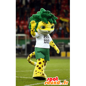 Mascote do tigre amarelo, manchado com o cabelo verde - MASFR20627 - Tiger Mascotes
