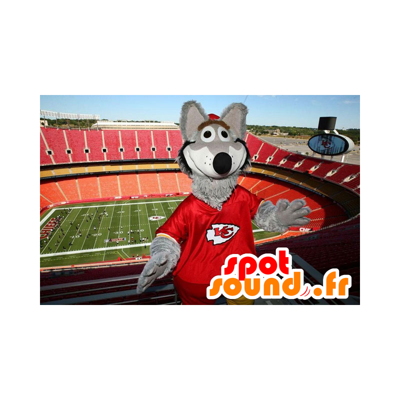 Grauer Wolf-Maskottchen in rot gekleidet - MASFR20649 - Maskottchen-Wolf Grauer Wolf-Maskottchen in rot gekleidet - MASFR20649 - Maskottchen-Wolf