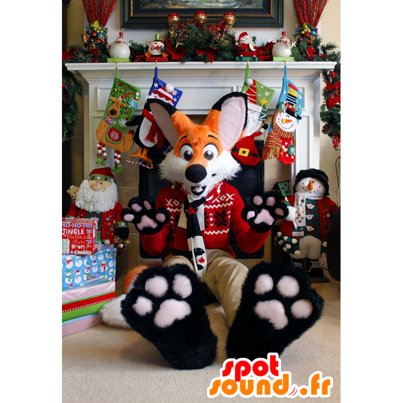 Maskottchen-orange und weiße Fuchs Weihnachts-Outfit - MASFR20651 - Weihnachten-Maskottchen Maskottchen-orange und weiße Fuchs Weihnachts-Outfit - MASFR20651 - Weihnachten-Maskottchen