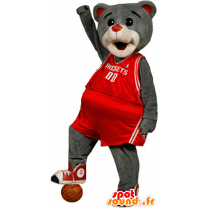 Mascot grizzly bear, dressed in red sports