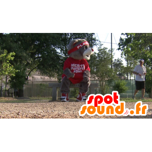 Grå björnmaskot i röd sportkläder - Spotsound maskot