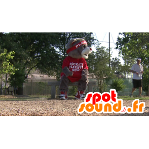 Grå björnmaskot i röd sportkläder - Spotsound maskot