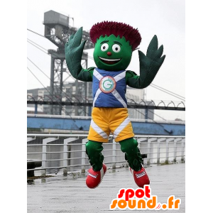 Mascotte d'artichaut vert et rouge en tenue bleue et jaune - MASFR20655 - Mascotte de légumes