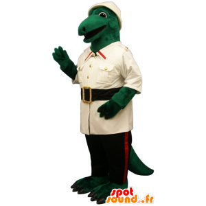 Grøn krokodille maskot klædt som en opdagelsesrejsende -