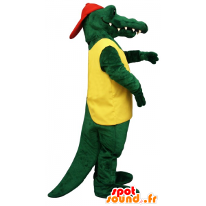 Grön krokodilmaskot i gul och röd outfit - Spotsound maskot