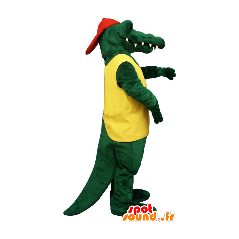 Grön krokodilmaskot i gul och röd outfit - Spotsound maskot