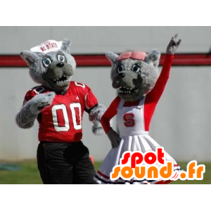 2 mascots gray wolves dressed in red and white - MASFR20663 - Mascots Wolf