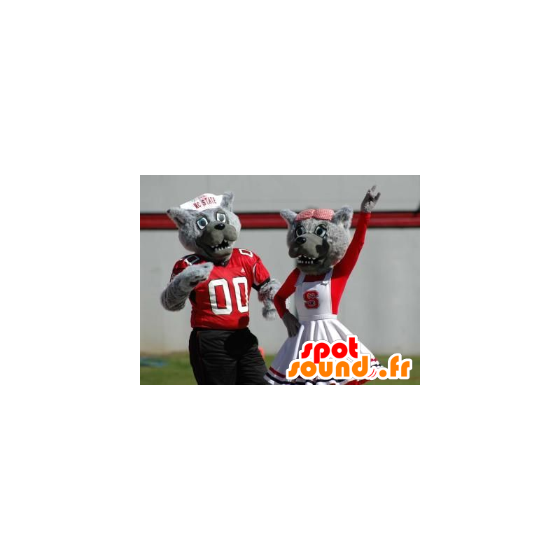 2 mascots gray wolves dressed in red and white - MASFR20663 - Mascots Wolf 2 mascots gray wolves dressed in red and white - MASFR20663 - Mascots Wolf